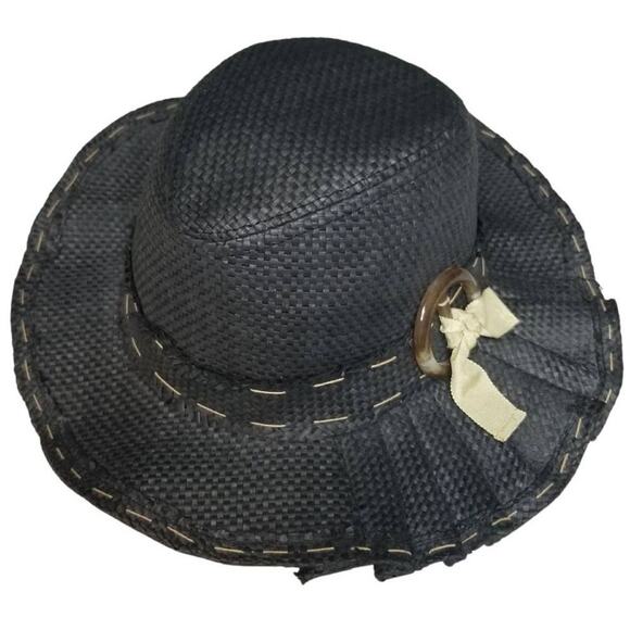 MAGID HATS Pleated Paper Fedora Straw Black Hat Band Seam Detail Size 8 1/2 - Picture 3 of 4